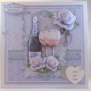 Grande carte de voeux 60e anniversaire de mariage de diamants faite main, découpage, fleurs 3D, champagne, personnalisation, option dans une boîte cadeau