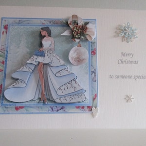 Fille élégante faite main, carte de Noël robe bleue, 3D. découpage, personnalisation, fille, petite-fille, quelqu'un de spécial