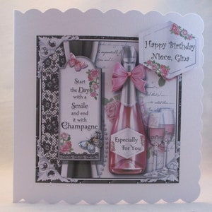 Carte d'anniversaire faite main, champagne, rose3D, découpage, personnalisation