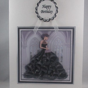 Fille à la mode 3D faite main, carte d'anniversaire, robe longue, noir, bal de promo, à personnaliser, 18e, 21e