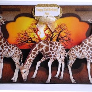 Girafe faite main, coucher de soleil, 3D, carte d'anniversaire de découpage, à personnaliser