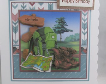 Hiking, Hill walking Birthday Greeting Card, personalise,3D, decoupage