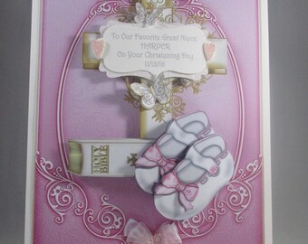 Handmade Christening Card for girl, decoupage,3D, cross,shoes,bible,personalise