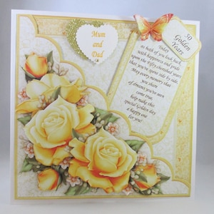 Grande carte de voeux faite main pour 50e anniversaire de mariage doré, découpage, 3D, roses