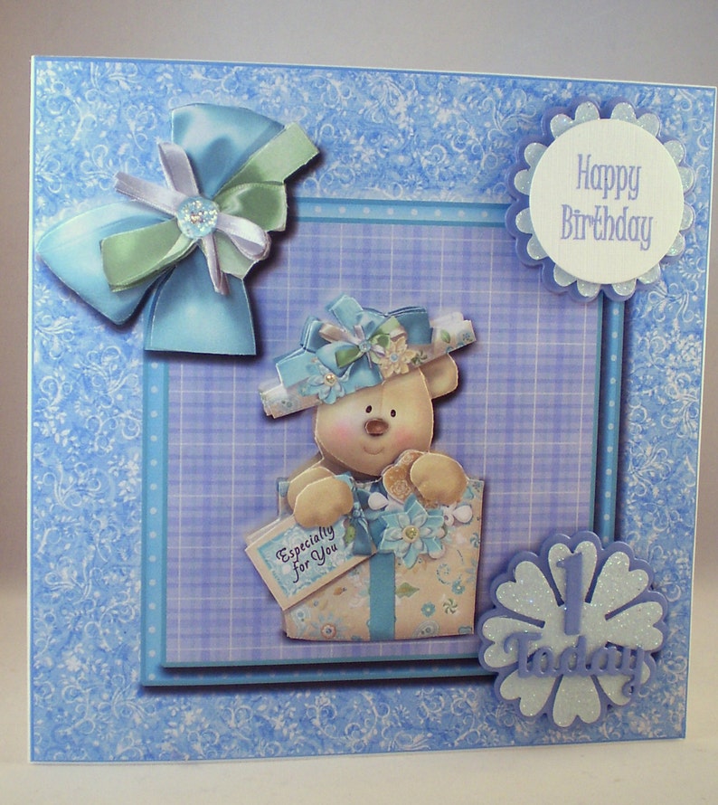 Handmade Childrens Teddy 1st Birthday Card, 3D, Decoupage, Son, Grandson image 1