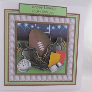 Handmade 3D, Decoupage Rugby Birthday Greetings Card, boots, whistle,stopwatch, Personalise