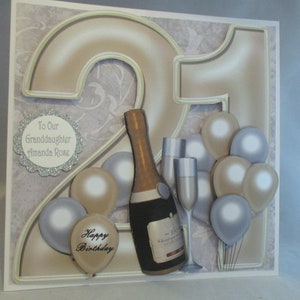 Grande carte d'anniversaire ou de mariage faite main, champagne, ballons, petite-fille, fille, 21, 30, 40, 50, 60 et 70 ans 3D, découpage