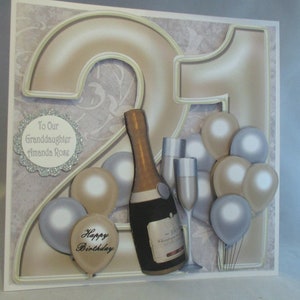 Handmade Large Birthday or Anniversary Card, Champagne, Balloons, Granddaughter, Daughter,21st, 30th,40th,50,th 60th,70th 3D, Decoupage