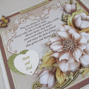Decoupage,3D Large Golden ,Diamond Wedding Anniversary Card,Flowers, Personalise, Mum and Dad image 2
