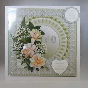 Grande carte de voeux 60e anniversaire de mariage de diamants faite main, découpage, fleurs 3D à personnaliser, option dans une boîte cadeau