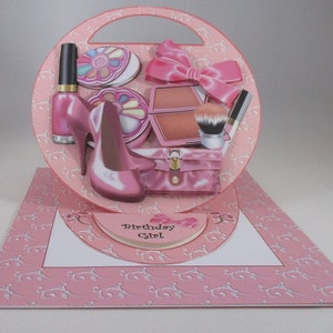 Chevalet de maquillage pour fille, carte d'anniversaire, rose, 3D, à personnaliser, fait main