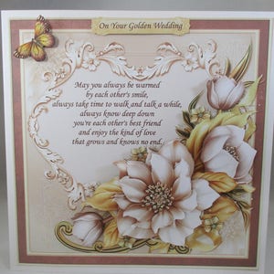Decoupage,3D Large Golden ,Diamond Wedding Anniversary Card,Flowers,  Personalise, Mum and Dad