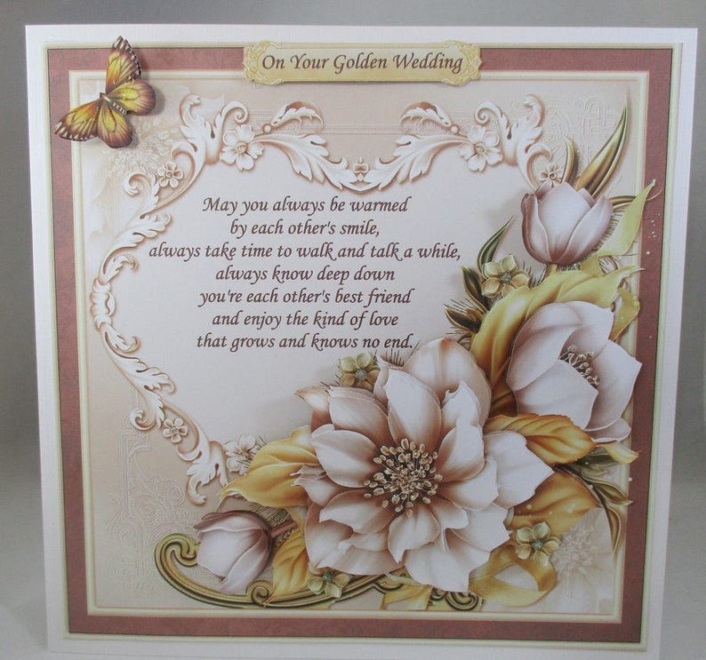 Decoupage,3D Large Golden ,Diamond Wedding Anniversary Card,Flowers, Personalise, Mum and Dad image 1