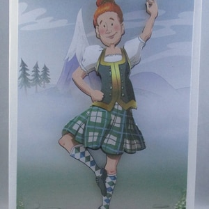 Carte d'anniversaire Highland Dancer, 3D, découpage, personnalisation, tartan vert, Ecosse,