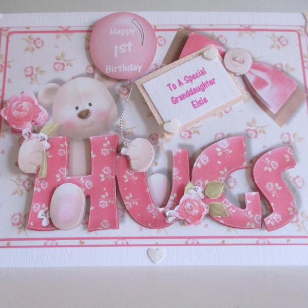 Girls First Birthday Card, cute teddy,handmade,granddaughter,3D,Personalise