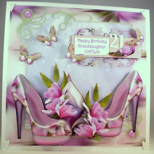 Grande carte d'anniversaire personnalisée faite main, chaussures, fleurs, élégante, découpage 3D