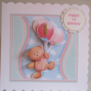 Carte 1er anniversaire ours en peluche pour enfants faite main, ballons 3D, découpage, fille, fils