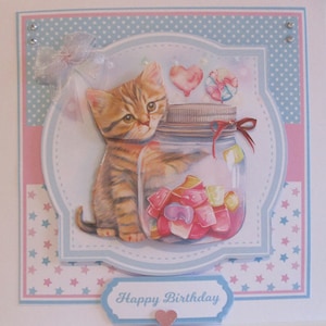 Carte d'anniversaire à servir fait main, chaton mignon avec pot de bonbons, 3D, découpage à personnaliser
