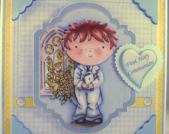 Handmade Decoupage, 3D, Holy Communion Card, Boy, Personalise,Rosary Beads