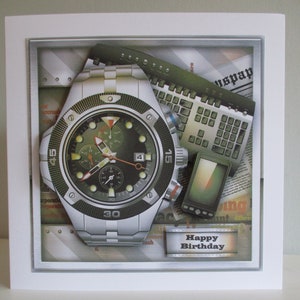 Carte d'anniversaire pour homme, montre, clavier, téléphone portable, 3D, découpage, personnalisation