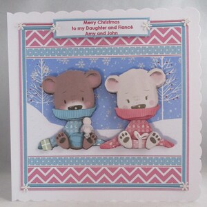 Jolie carte de Noël ours dans la neige garçon et fille, 3D, découpage, à personnaliser