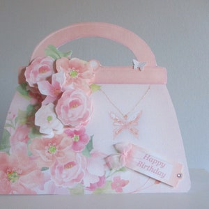 Carte d'anniversaire florale en forme de sac à main rose et blanc, 3D, découpage, personnalisation