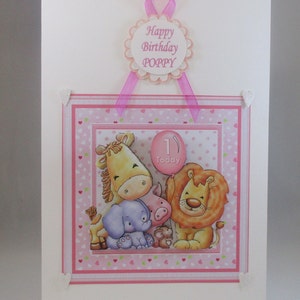 3D First Birthday Card for Girl, Animals,Personalise