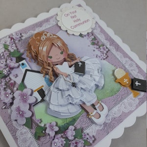 Serviettage fait main, 3D, carte de sainte communion, fille, blonde, cheveux bruns, à personnaliser,