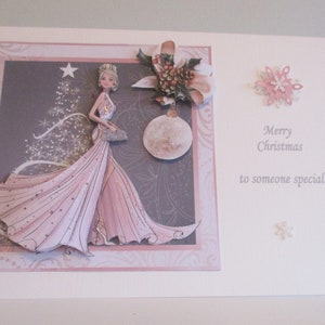 Fille élégante faite main, carte de Noël robe rose, 3D. découpage, personnalisation, fille, petite-fille, quelqu'un de spécial