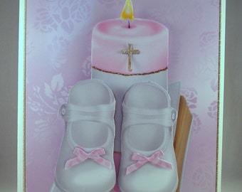 Handmade,3D,Decoupage Christening Card For Girl Shoes,Candle and Bible
