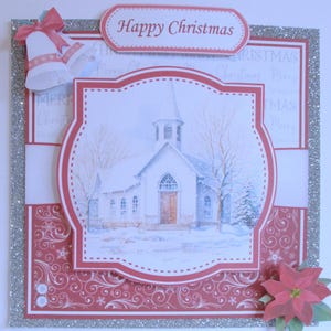 Carte de Noël religieuse, église, chapelle, scène enneigée, 3D, découpage, fait main, personnalisation