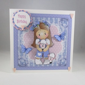 Decoupage Cute Girl and Lambs Birthday Card, handmade,personalise, 3D