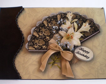 Handmade Decoupage Fan and Flowers Birthday Card, Personalise