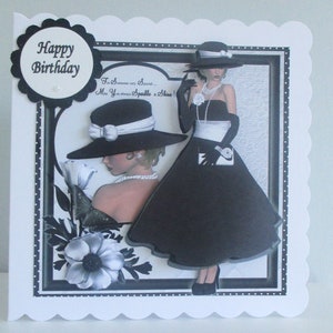 Grande décoration, carte d'anniversaire 3D, dame élégante, noir et blanc, mode, 21 ans, 18 ans, fille, petite-fille, bord festonné