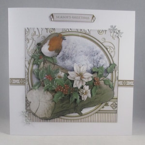 Découpage fait main, carte de Noël 3D Robin et poinsettia, à personnaliser