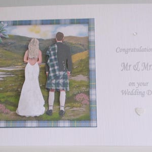 Serviettage fait main, carte de mariage écossaise 3D, kilt tartan, personnalisation