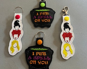 Key Fob - Witchy Sisters, Cauldron, BOOOOOOOK