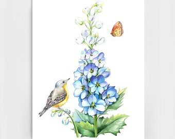 Watercolor Bird Art Print, Bird and Flowers Print, Bird on a Branch Painting Wall Decor, Botanical Art Home Decor, Kitchen Wall Art 11x14