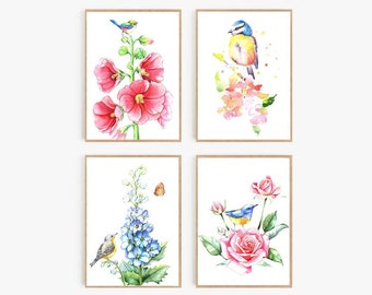 Bird Painting Set, Birds Print Set, Set of 4 Bird Watercolor Prints, Watercolor Bird Art Set, Bird Art Prints, Colorful Bird Wall Art