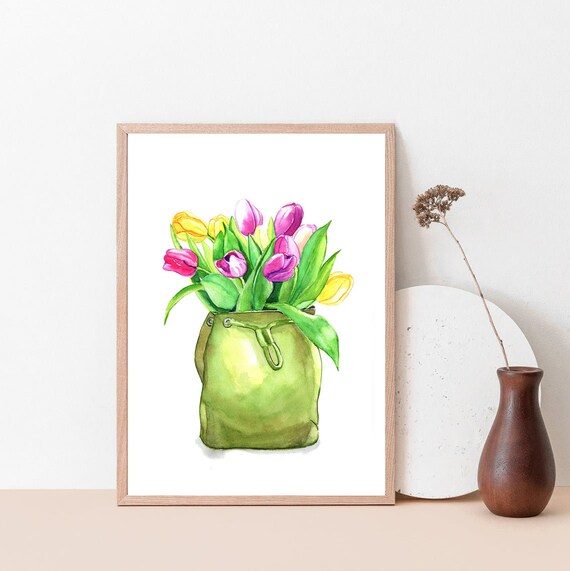 Watercolor Tulip Flowers Print Pink and Yellow Tulips Tulips Art Print Spring Home Decor Gift for Her Floral Art Print