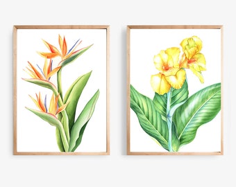Flowers Print Set, Canna Flowers Art Print, Tropical Flowers Print, Bird of Paradise Watercolor Art, Floral Wall Art Set 5x7 8x10, 11x14
