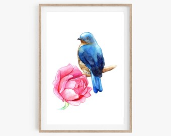 Bird Print, Bluebird Print of Watercolor Painting, Bird Lover Gift, Birds Watercolor Painting, Bird Wall Art, Colorful Art for Home Decor