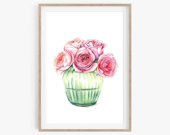 Floral Wall Art, Rose Flowers Print, Watercolor Roses Painting, Floral Pink Roses Print, Flowers Wall Art, Rose Watercolor Vintage Print