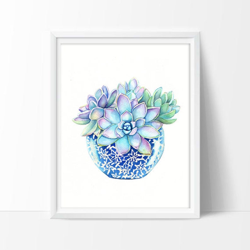 Cactus Print Succulent Print Succulents Succulents in a Blue Vase Art Print Succulent Art Blue Green Wall Art