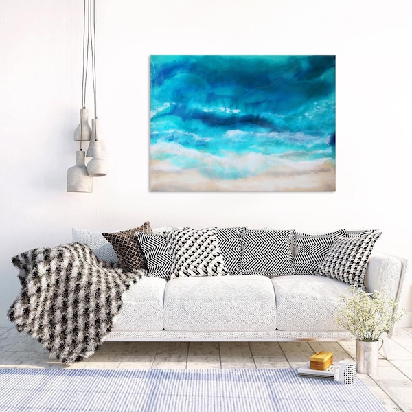 Seascape Resin Art, Abstract Resin Painting With Ocean Shades of Turquoise and Deep Blues - 22x30 Wood Panel