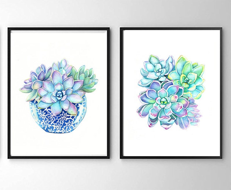 Cactus Print Succulent Print Succulents Succulents in a Blue Vase Art Print Succulent Art Blue Green Wall Art