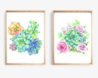 Watercolor Print Set of 2 Watercolor Cactus Botanical Art Print Pink Rose Flowers with Succulents Print, Set of Prints Botanical Wall Art