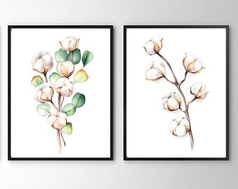 Cotton Watercolor Set 2, Cotton Flower Prints Set of 2 Watercolor Botanical Wall Art, Set of 2 Minimalist Cotton Art Prints Green Wall Decor