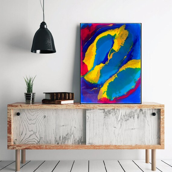 Acrylic Painting Canvas Art Resin Original Abstract Colorful Blue Yellow Wall Fluid Artwork Decor
