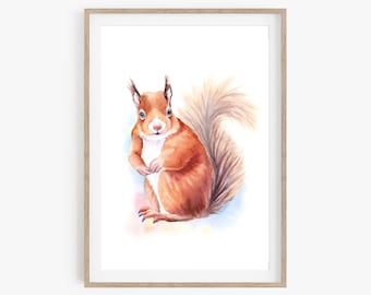 Squirrel Watercolor Print, Squirrel Artwork, Squirrel Painting, Nursery Decor, Animals Painting, Woodland Animals Print, Kids Room Decor